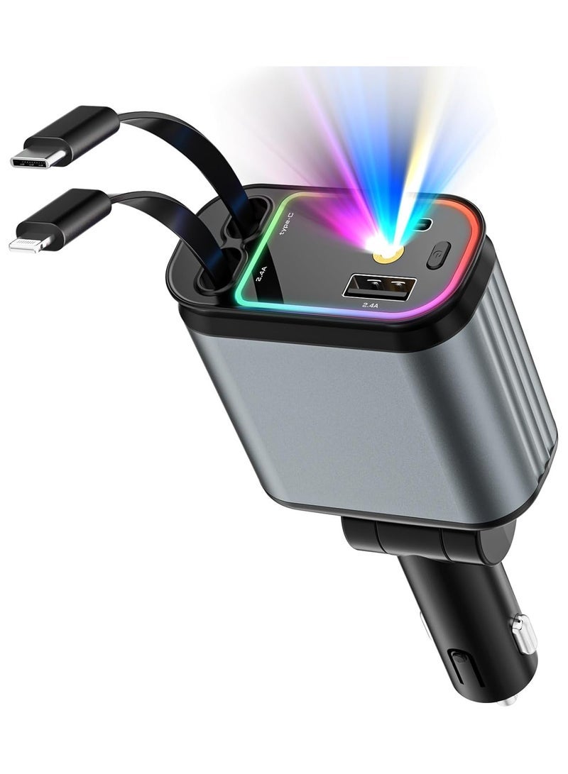 MORTICO Car Charger with Starlight, 66W USB C Fast Car Chargers Adapter, 4 in 1 Retractable Car Charger with 2 USB Ports Car Phone Chargers for iPhone 16/15/14/13/12/11 and for Android (Dark Grey) - Image 1